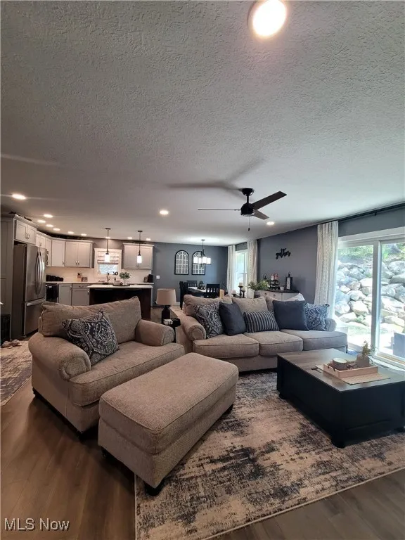 Living area featuring a textured ceiling, dark wood-type flooring, plenty of natural light, a ceiling fan, and recessed lighting