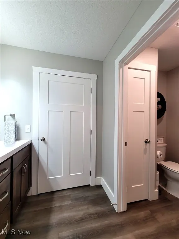 Bathroom with dark wood-style flooring, a textured ceiling, and double vanity