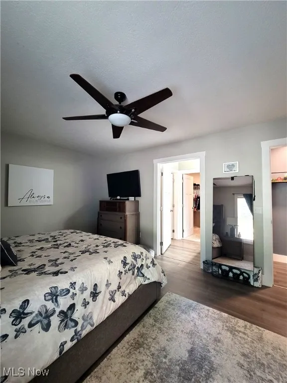 Bedroom with dark wood-style flooring, a walk in closet, a ceiling fan, and a textured ceiling