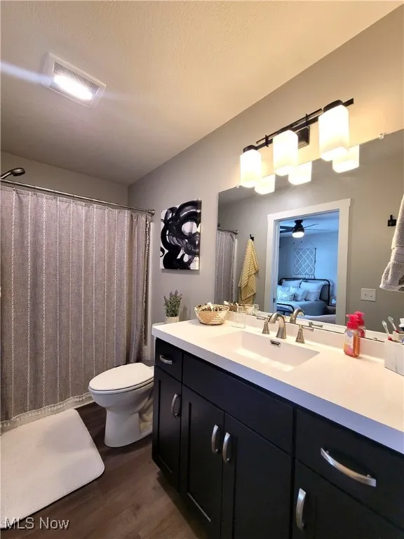 Bathroom featuring dark wood-type flooring, vanity, a textured ceiling.