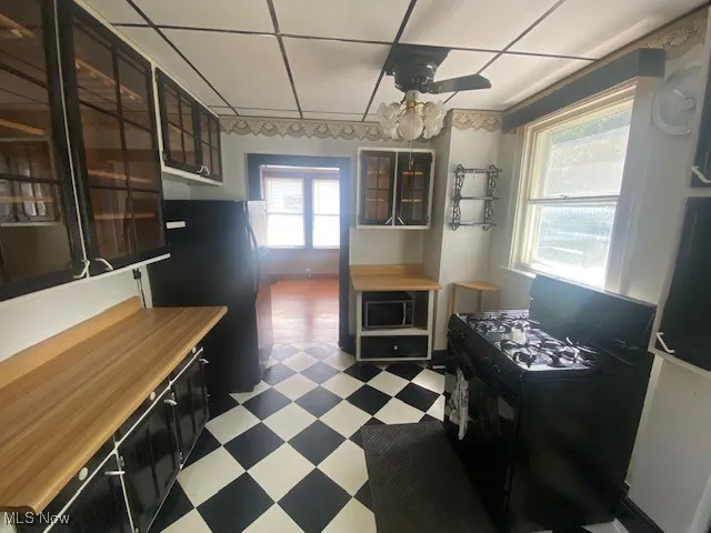 Kitchen featuring dark cabinetry, glass insert cabinets, light floors, black appliances, and light countertops