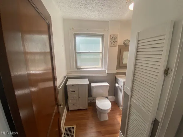 Half bath featuring vanity, a textured ceiling, and dark wood finished floors