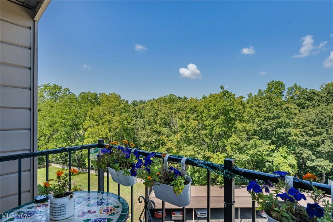 Balcony featuring a wooded view