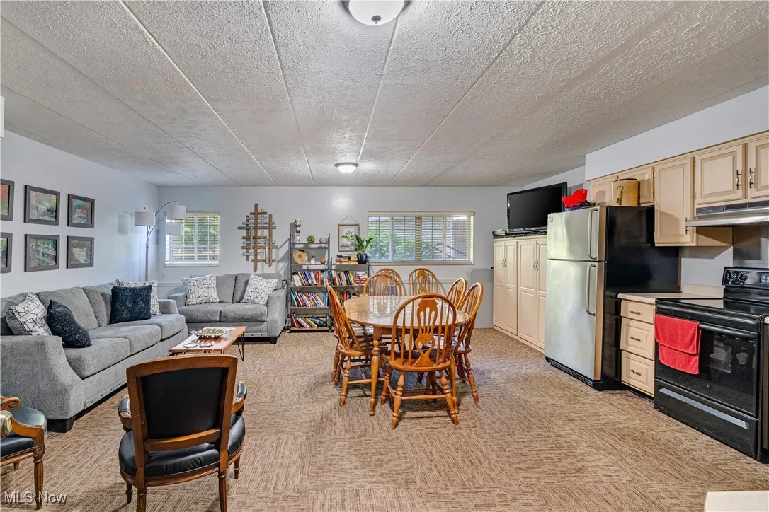Living room with a textured ceiling and light carpet