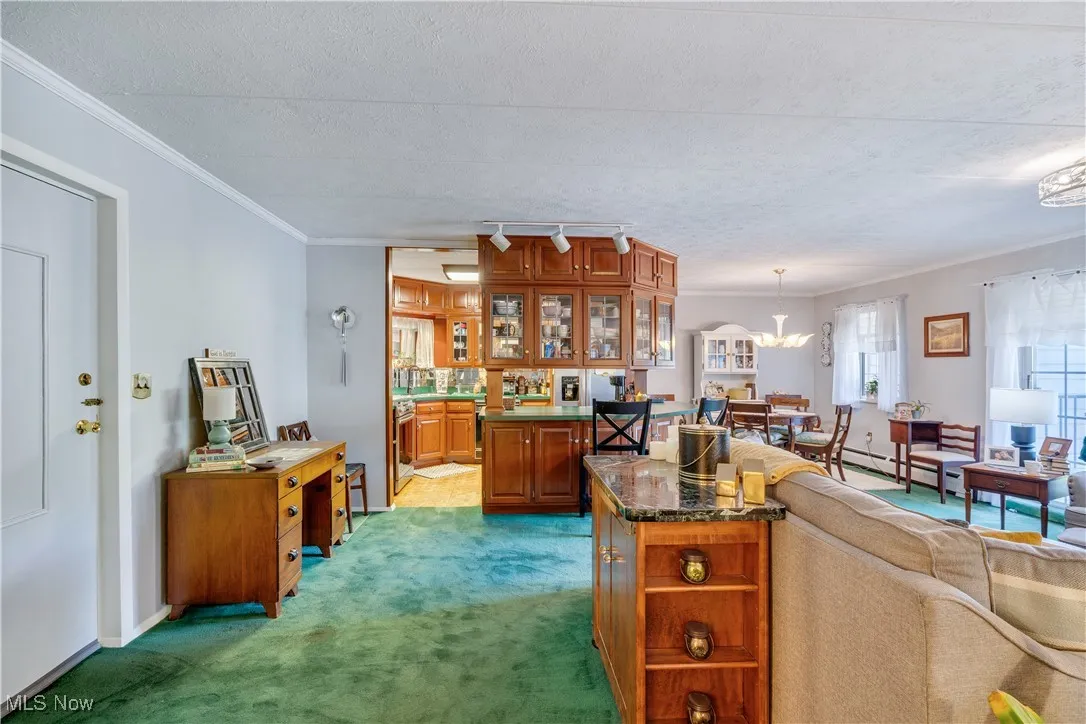 Kitchen with brown cabinetry, crown molding, dark colored carpet, rail lighting, and a textured ceiling
