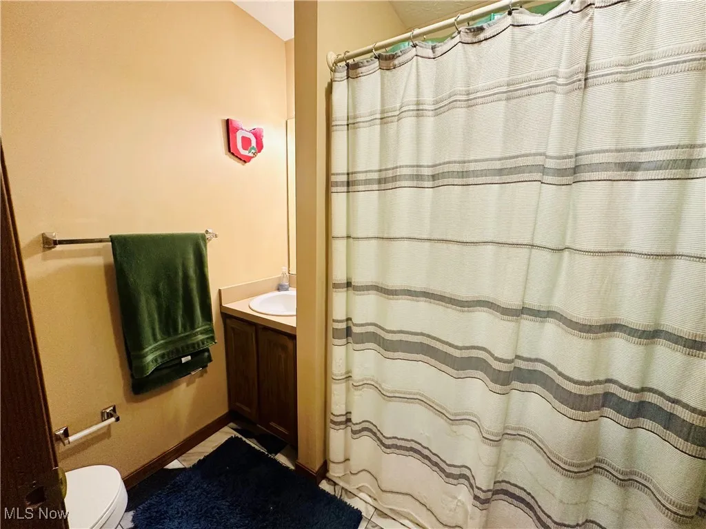 Bathroom with vanity and a shower with curtain