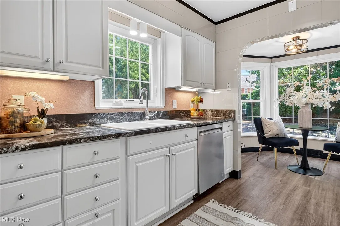 Kitchen with white cabinetry, dark wood-type flooring, stainless steel dishwasher, dark stone counters, and crown molding