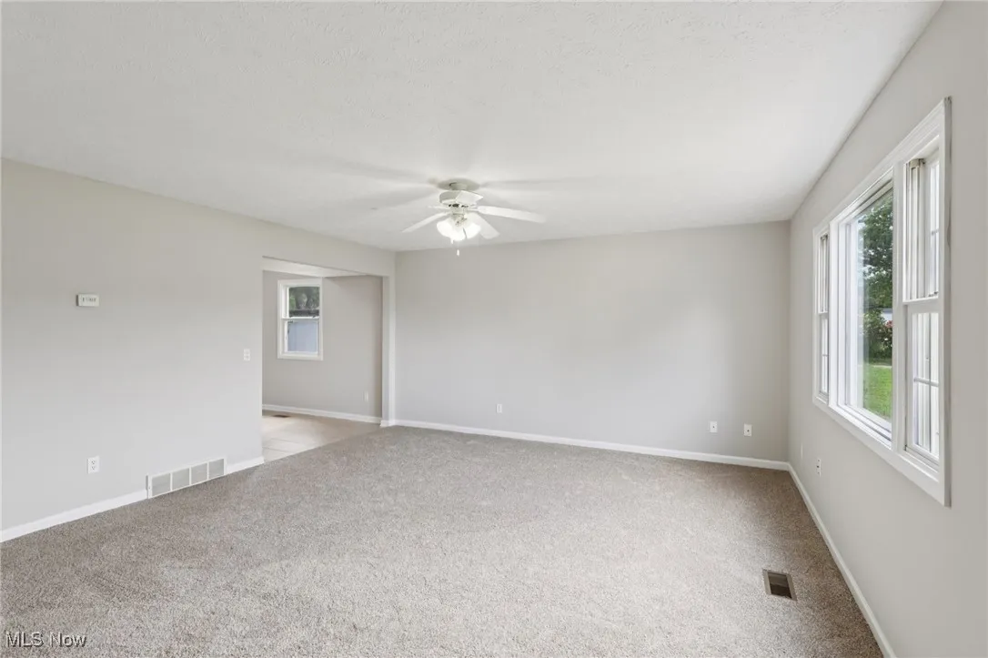 Spare room featuring light carpet and ceiling fan
