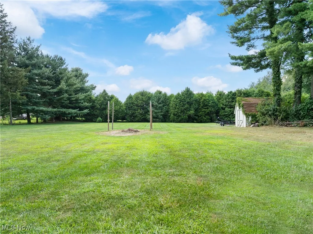View of green lawn featuring a shed and a forest view