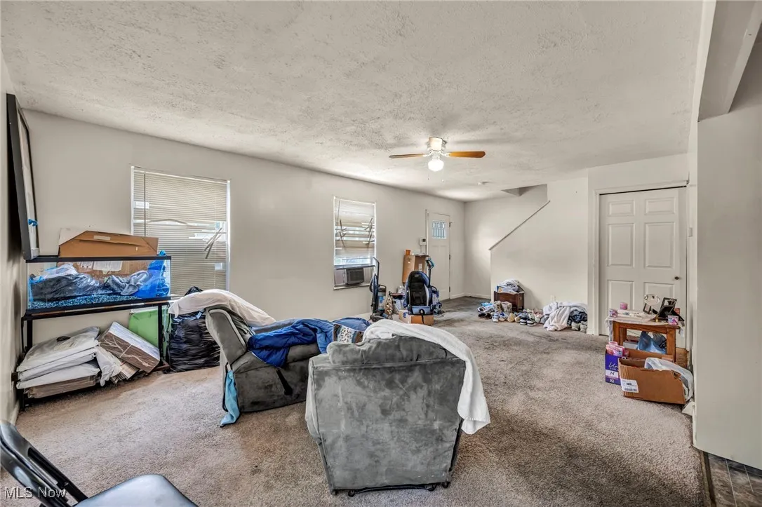 Living area featuring carpet floors, a textured ceiling, and a ceiling fan