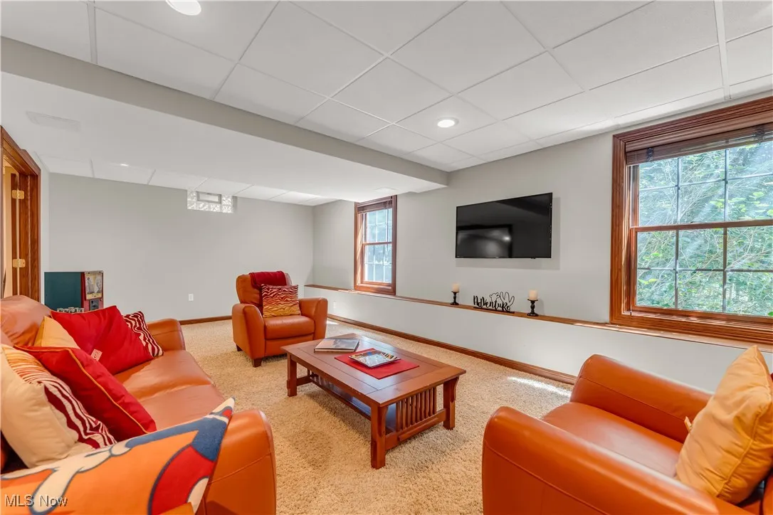 Lower level family room has daylight windows with blinds