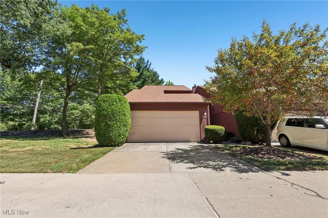 View of property hidden behind natural elements with driveway and a garage