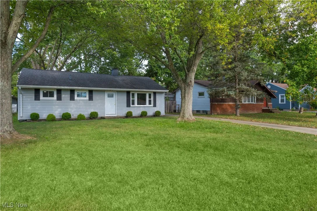 Ranch-style home with a front lawn and a chimney