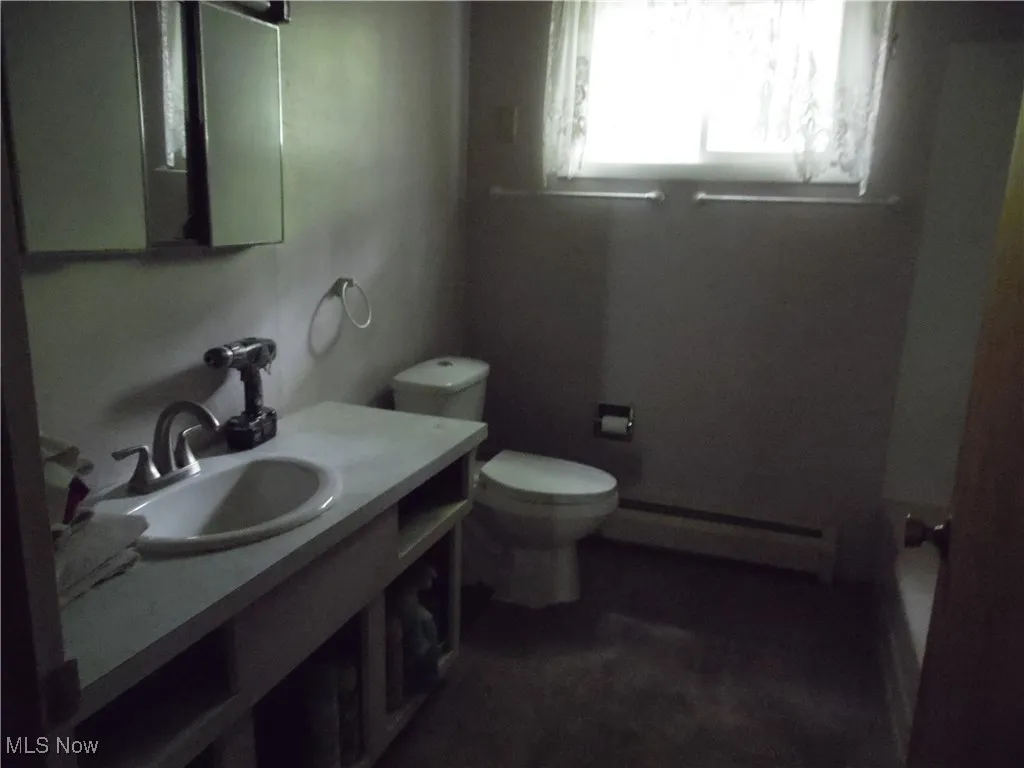 Full bath with baseboard heating and vanity