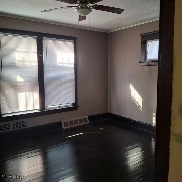 Spare room with dark wood-style floors, ceiling fan, ornamental molding, and a textured ceiling