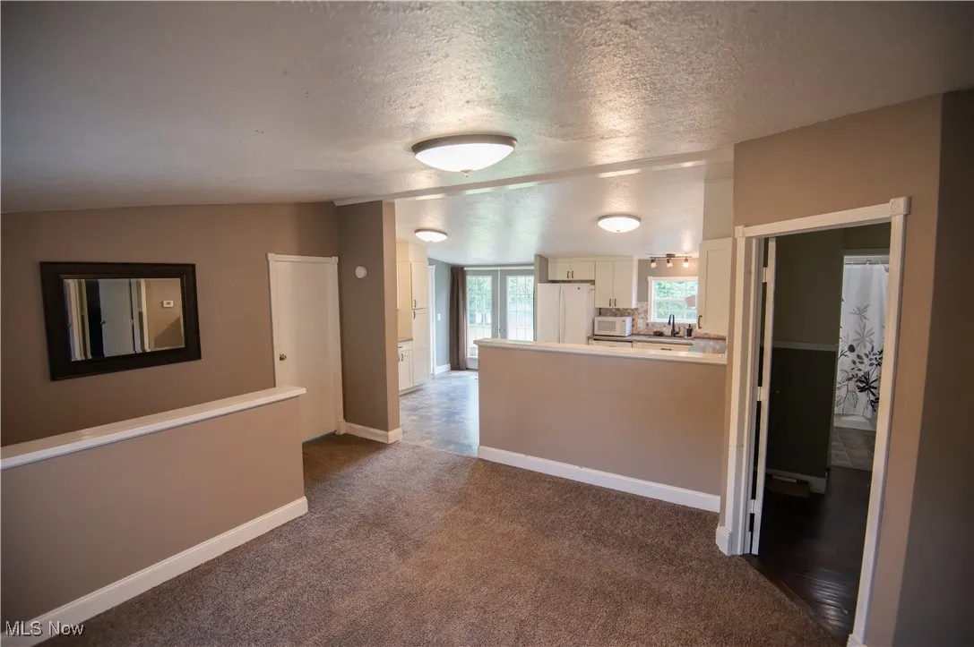 Living Room featuring a textured ceiling and dark carpet