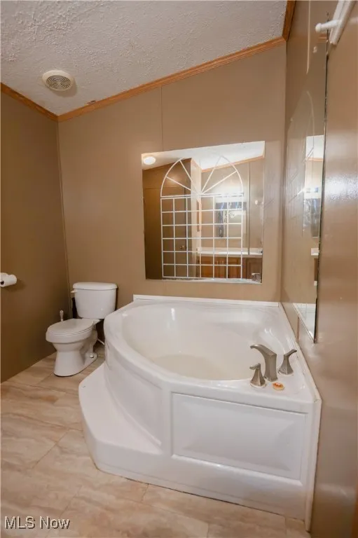 Full bathroom featuring crown molding, a garden tub, and a textured ceiling