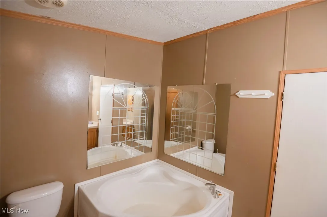 Full bathroom with a garden tub, a textured ceiling, and ornamental molding