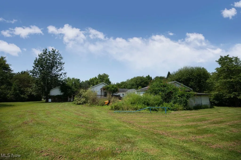 View of green lawn featuring view of wooded area