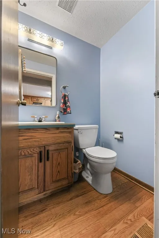 Bathroom with wood finished floors, a textured ceiling, and vanity