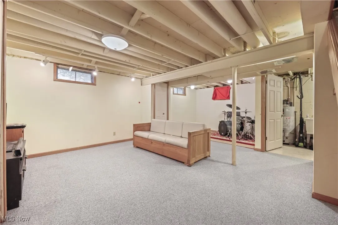 Below grade area with carpet flooring and water heater
