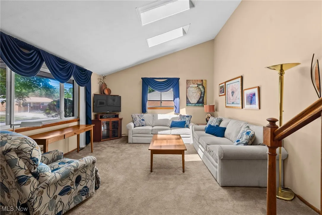 Living room with vaulted ceiling, carpet, a skylight, and plenty of natural light