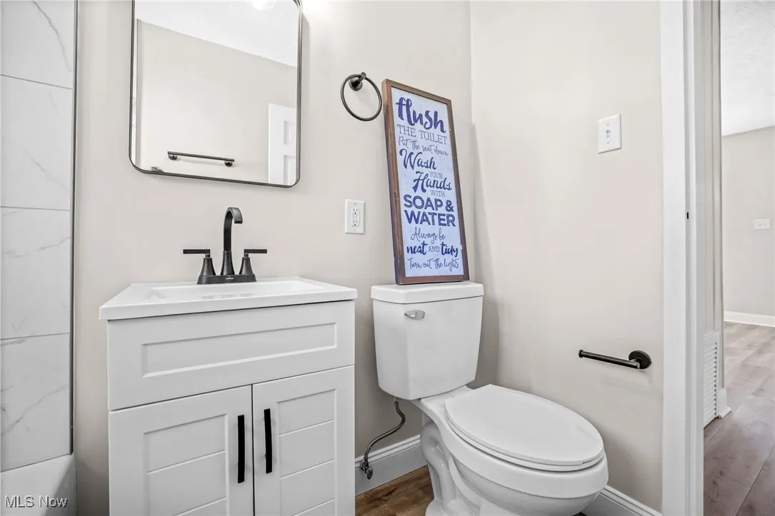 Bathroom with wood finished floors and vanity