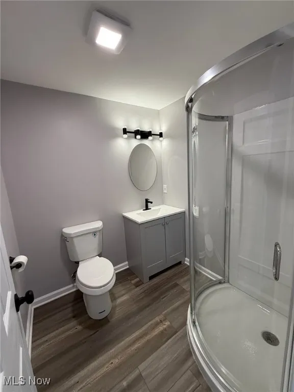 Bathroom with vanity, a stall shower, and dark wood-type flooring