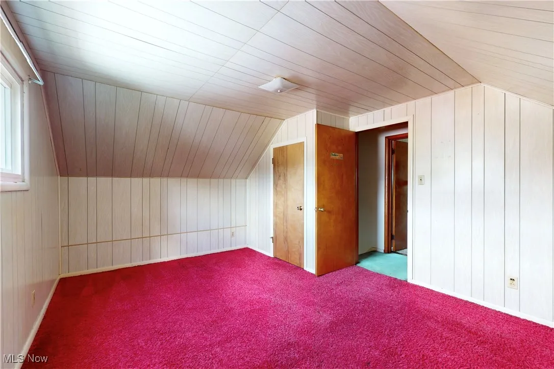 Additional living space with wooden walls, vaulted ceiling, wooden ceiling, and carpet