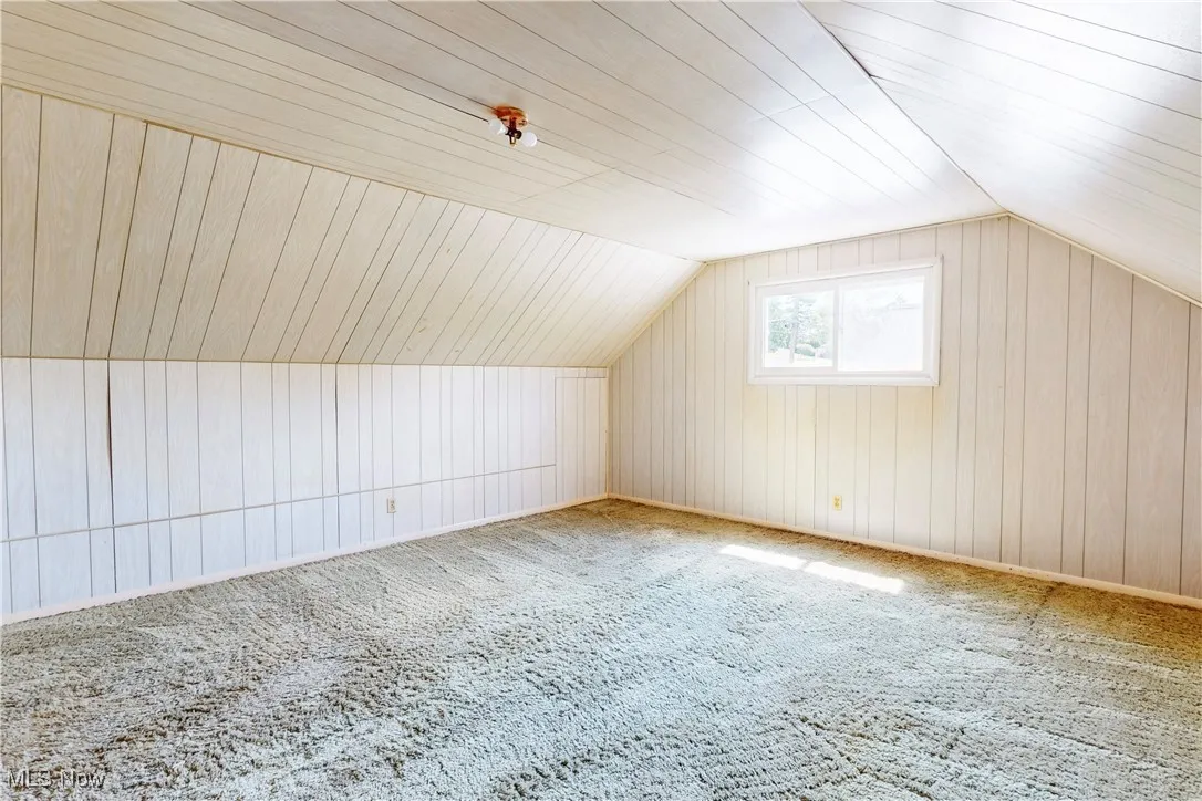 Bonus room featuring vaulted ceiling, wood walls, and carpet