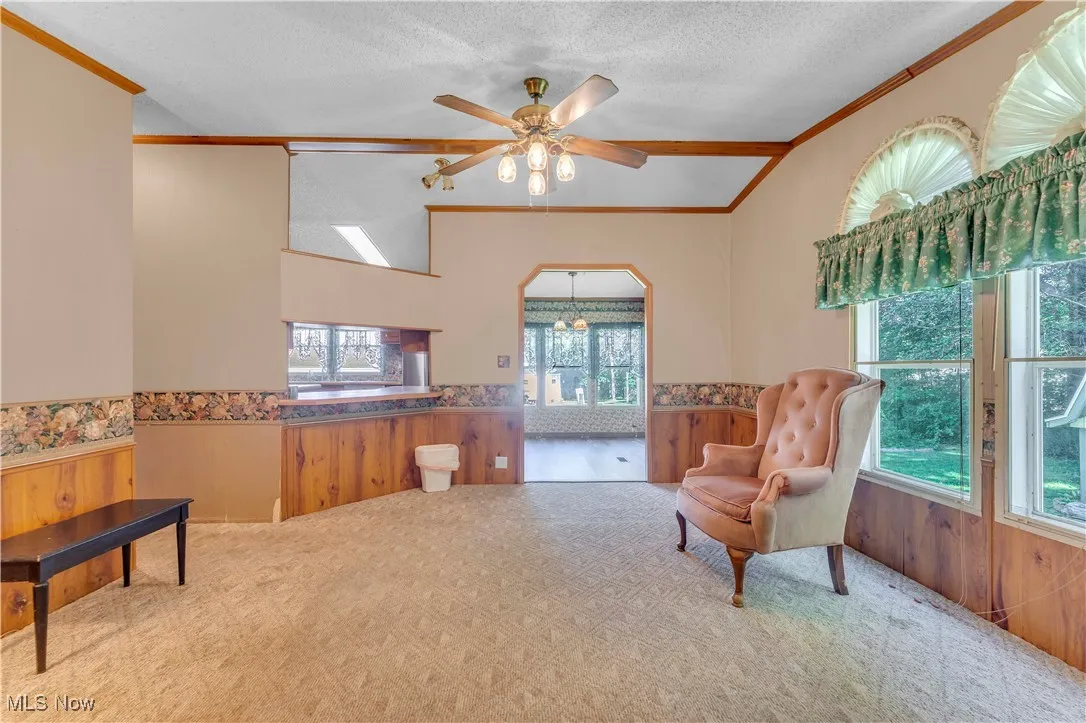 Sitting room featuring a wainscoted wall, wooden walls, a textured ceiling, carpet, and plenty of natural light