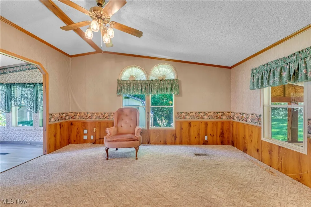 Unfurnished room with wainscoting, wood walls, crown molding, carpet flooring, and arched walkways