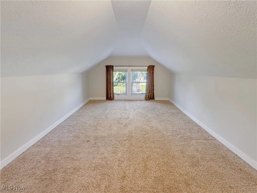 Bonus room featuring light colored carpet, a textured ceiling, and lofted ceiling