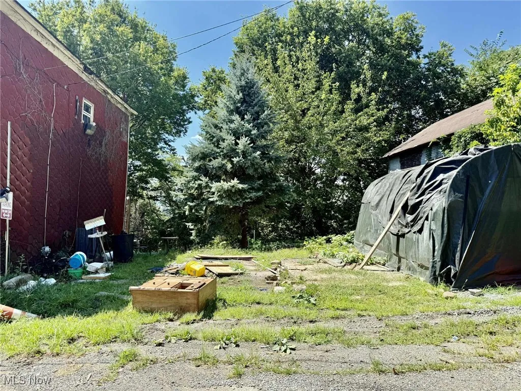 View of yard with view of wooded area and carport