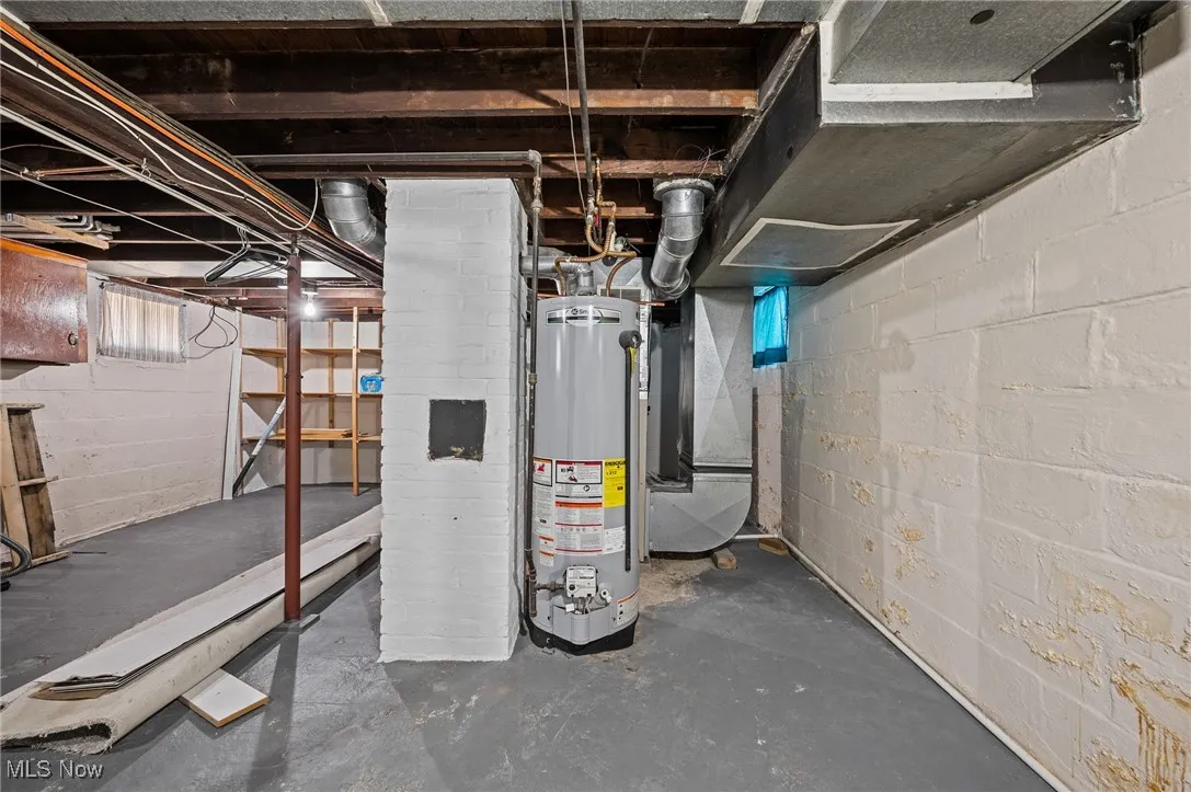 Basement with water heater and heating unit