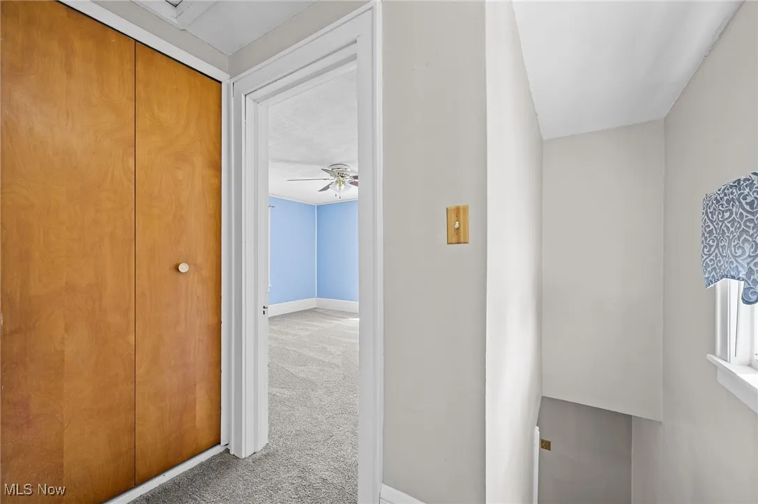 Hall with light carpet and baseboards