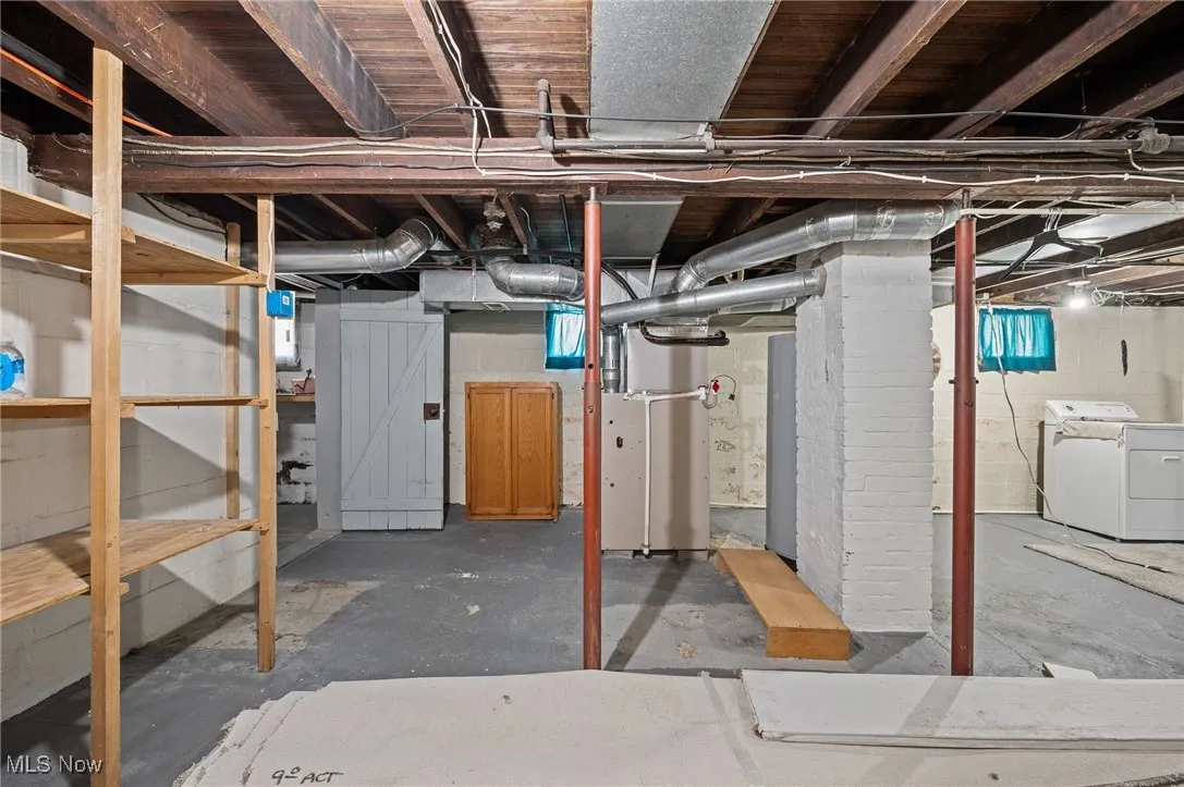Below grade area with washer / clothes dryer and heating unit