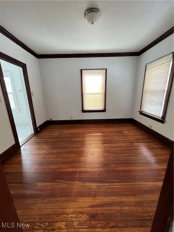 Spare room with crown molding, dark wood-style floors, and healthy amount of natural light