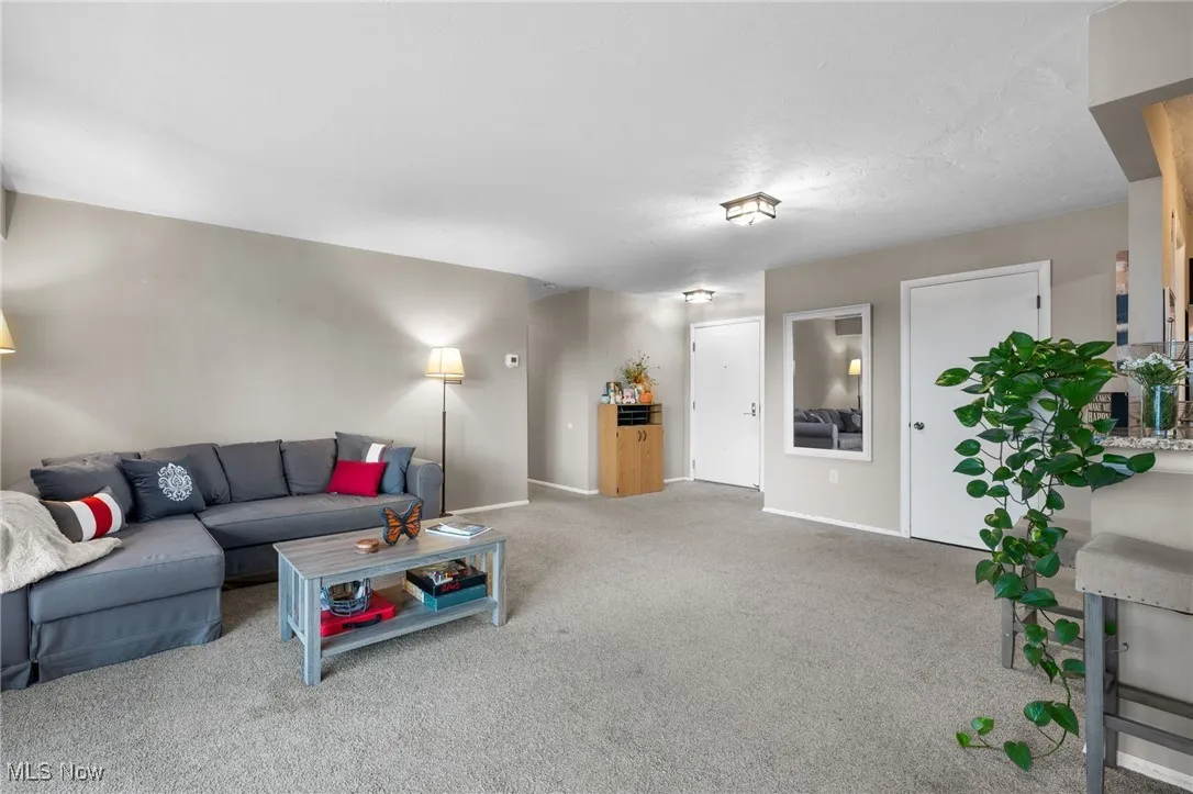 Carpeted living room with baseboards