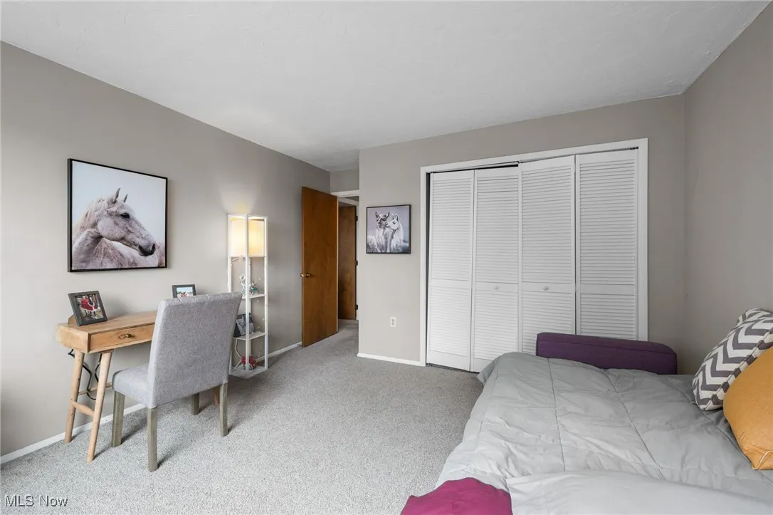 Carpeted bedroom featuring a closet and a desk