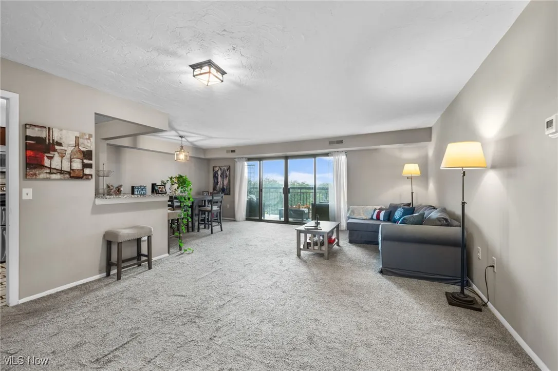 Living area featuring carpet and a textured ceiling