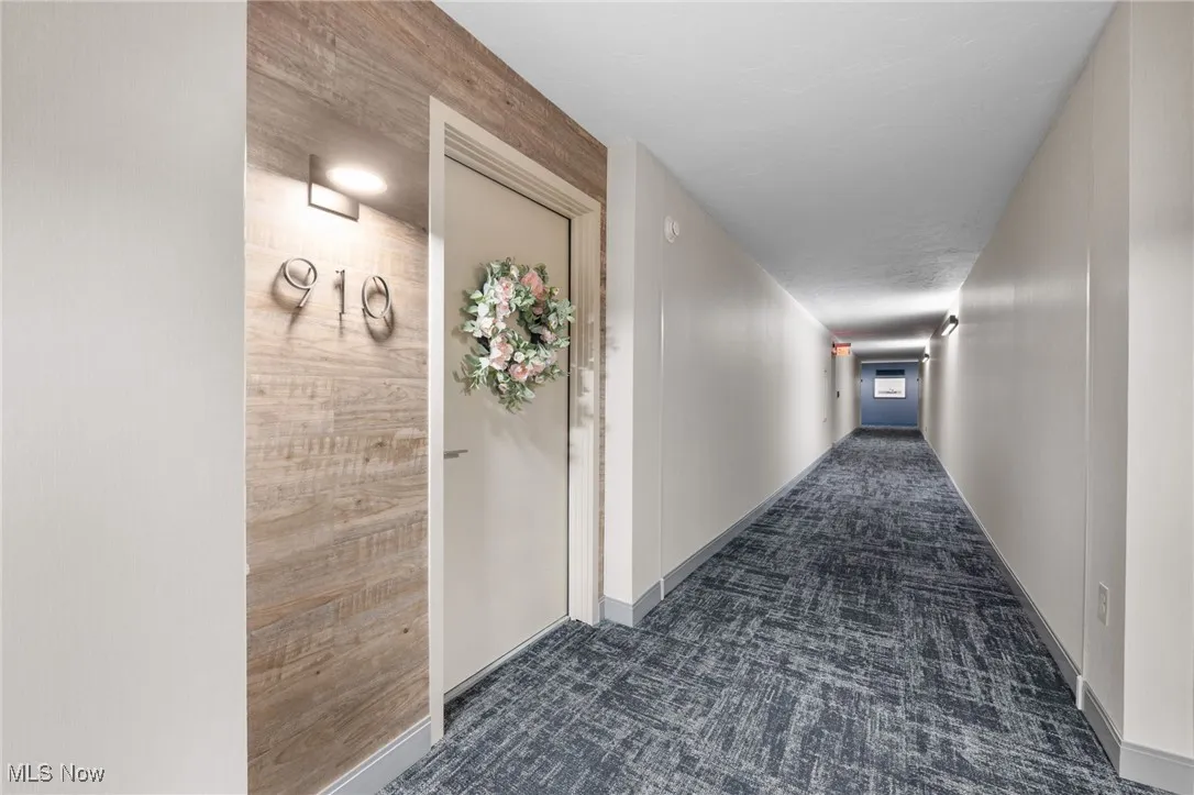 Hall with dark carpet and baseboards