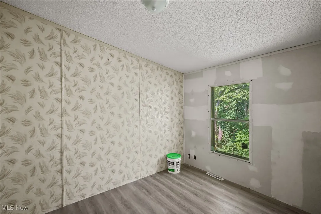Spare room with wood finished floors and a textured ceiling