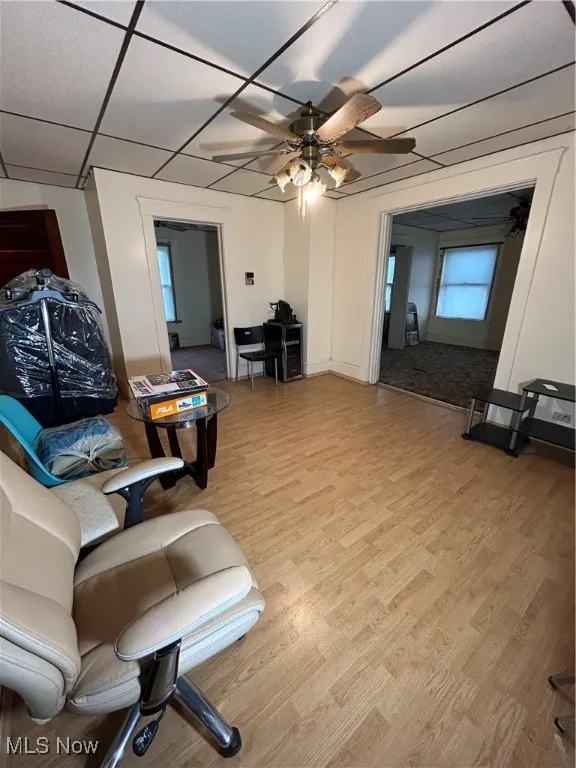 Living area with light wood-style floors, a ceiling fan, and a paneled ceiling