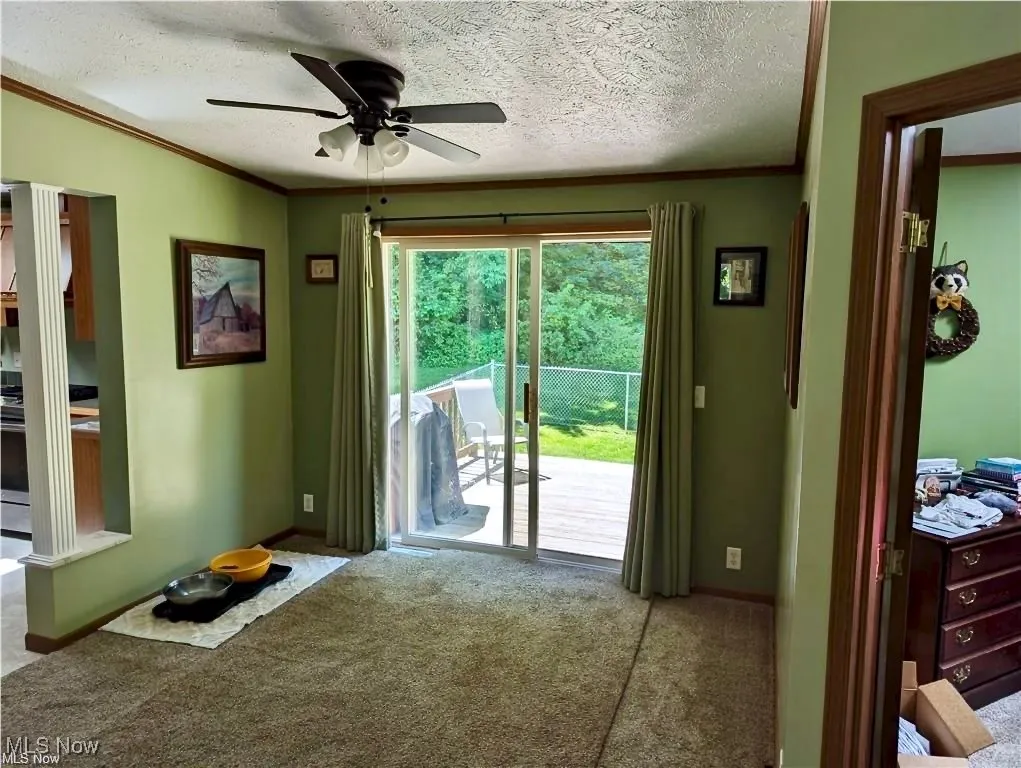 Dining/Living Room featuring ornamental molding, carpet flooring, a textured ceiling, and ceiling fan