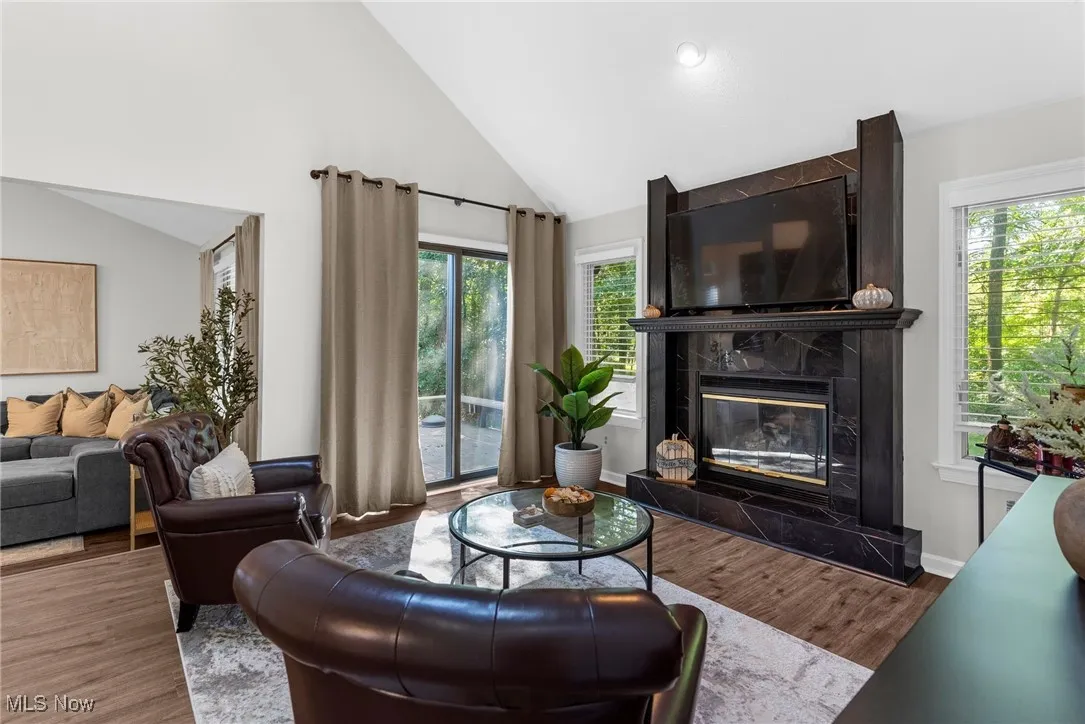 Living room featuring a fireplace, wood finished floors, high vaulted ceiling, and healthy amount of natural light and entrance to the backyard