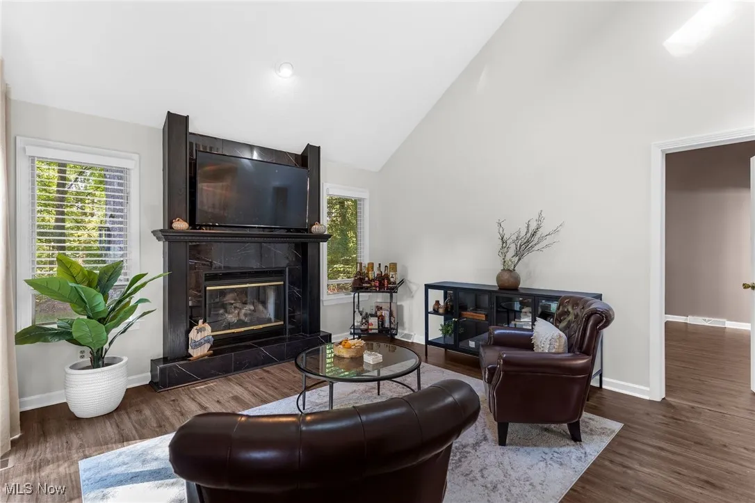 Living room with high vaulted ceiling, a fireplace, and dark wood-style floors