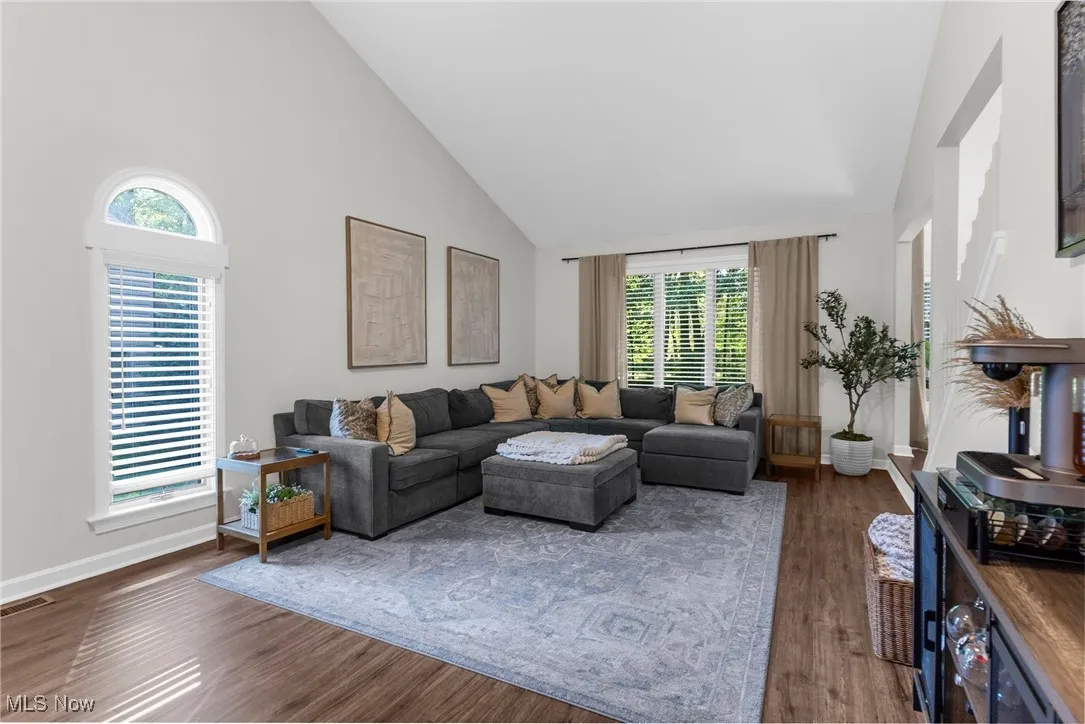 Living room with high vaulted ceiling and dark wood-style floors