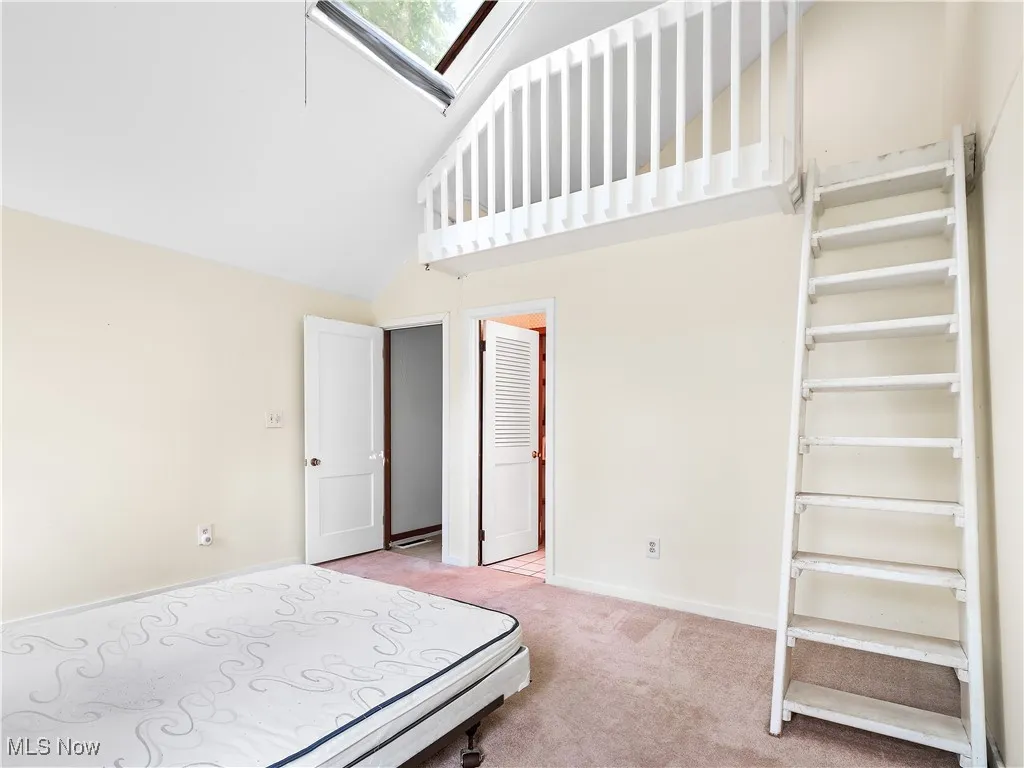 Bedroom featuring a skylight, light carpet, and high vaulted ceiling