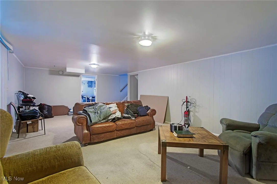 Living room featuring carpet and crown molding